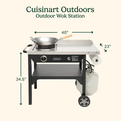 Cuisinart Outdoor Wok Station, 50,000 BTU Propane Outdoor Wok Burner w Prep Table, 14 Carbon Steel Wok for Stir Fry, Searing, BBQ Black