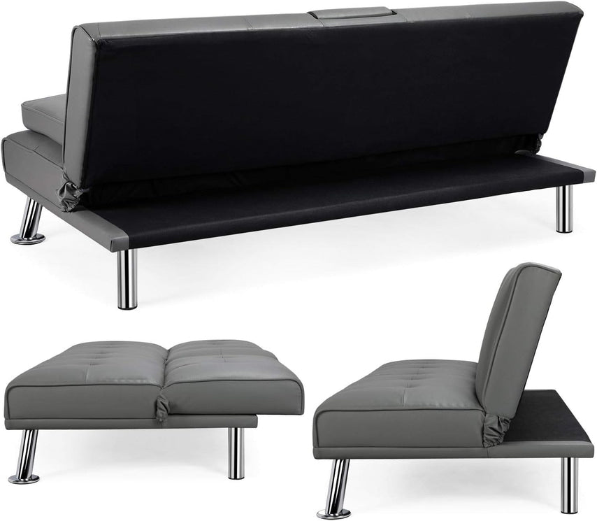Yaheetech Convertible Sofa Bed Adjustable Couch Sleeper Modern Faux Leather Home Recliner Reversible Loveseat Folding Daybed Guest Bed, Removable Armrests, Cup Holders, 3 Angles, 772lb Capacity, Black